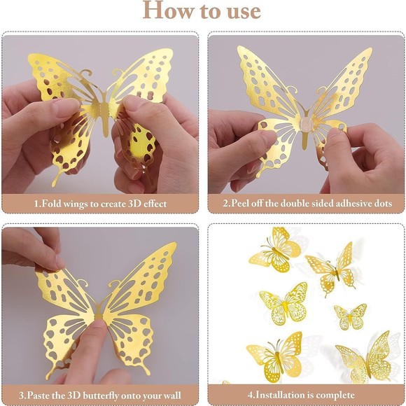 NEW 3D Metallic Butterfly Wall Decor 48 Pcs 4 Styles 3 Size Gold Butterfly Decor - Picture 7 of 16